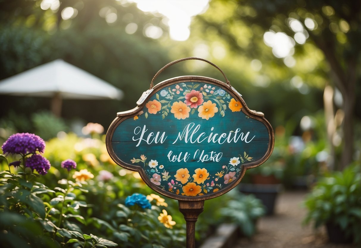 Colorful hand-painted signs adorn a lush garden, featuring whimsical designs and positive messages, adding a bohemian touch to the outdoor space