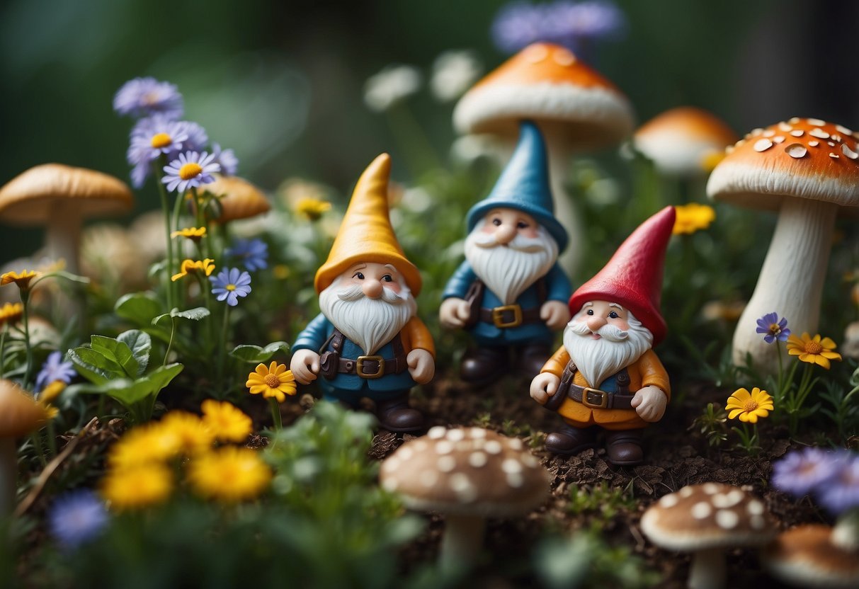 Colorful garden gnomes surrounded by wildflowers and mushrooms in a whimsical garden setting