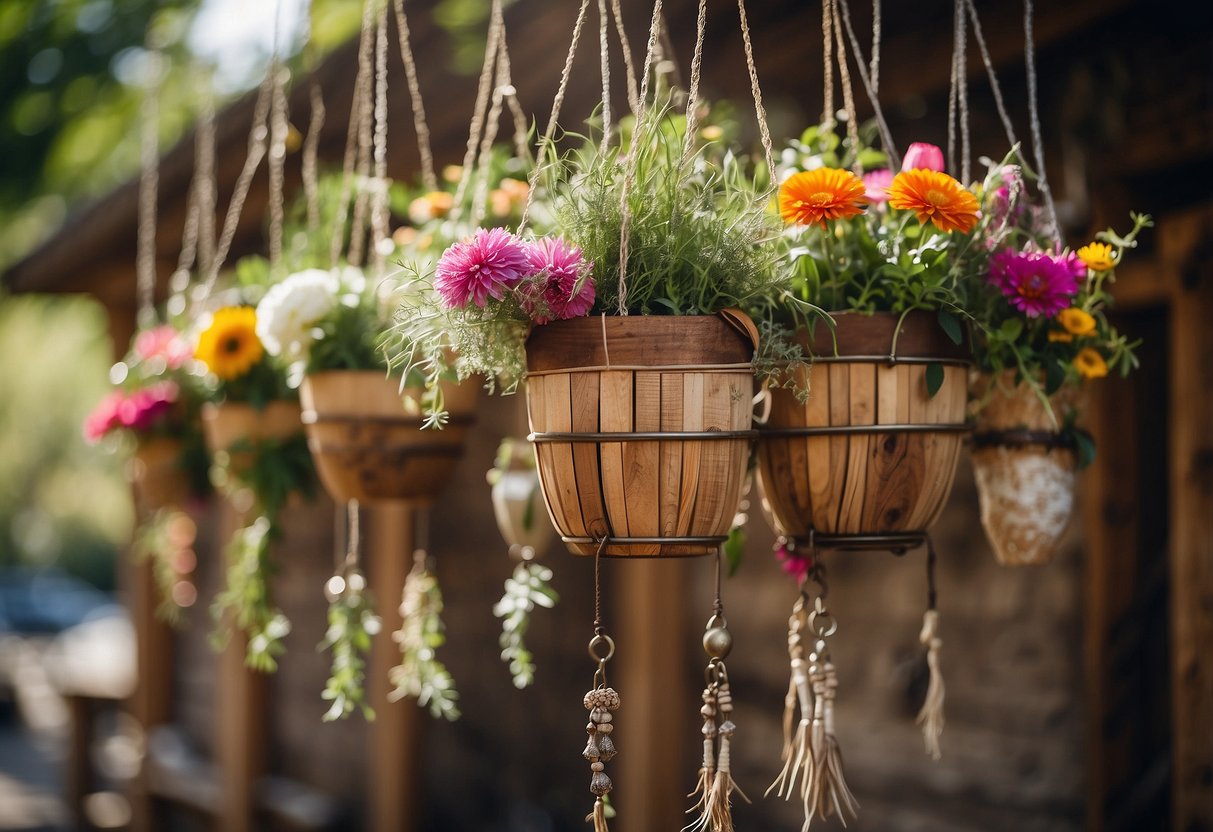 A variety of reclaimed wood planters filled with colorful flowers and herbs, surrounded by hanging dreamcatchers and wind chimes in a bohemian garden setting