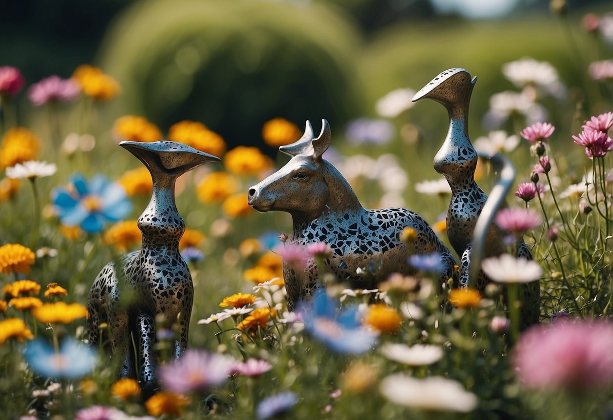 Colorful metal sculptures scattered among wildflowers and flowing tapestries in a whimsical garden