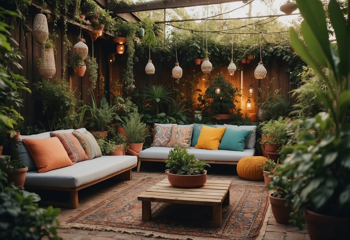 A cozy garden with colorful tapestries, hanging lanterns, and a mix of floor cushions and low tables for lounging. Lush greenery and potted plants create a relaxed, bohemian atmosphere