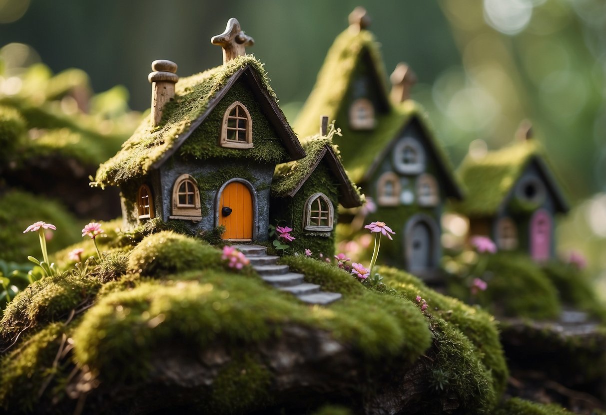 Moss-covered fairy houses in a whimsical garden setting