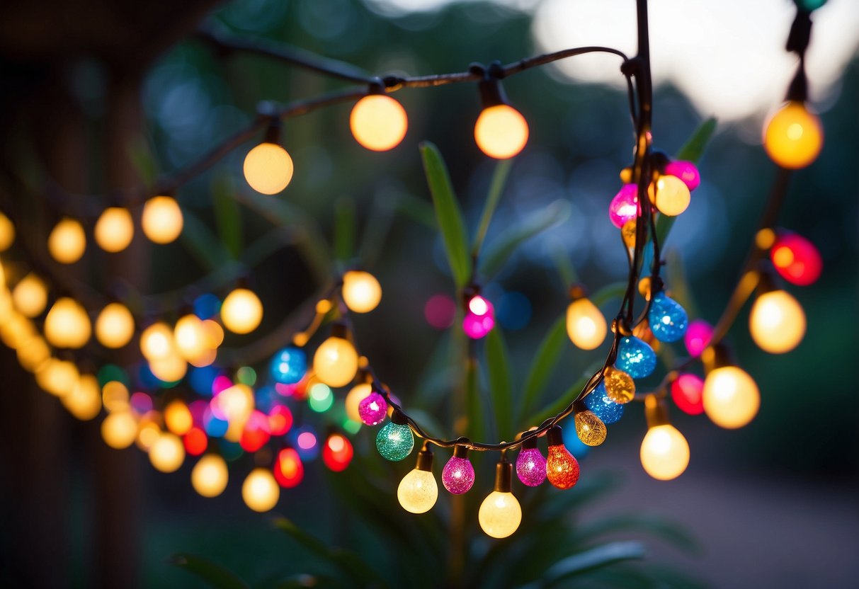 Colorful beaded fairy lights drape over a whimsical garden, creating a magical and enchanting atmosphere