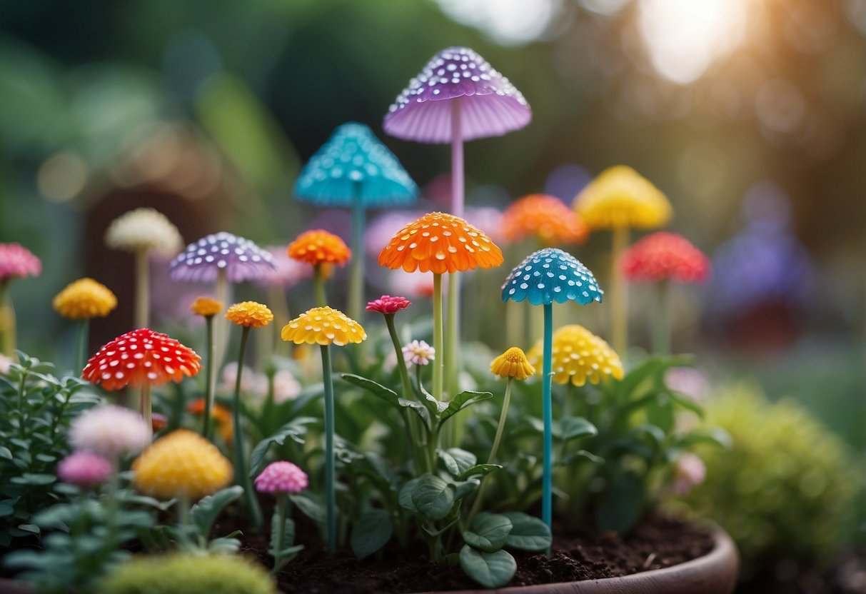 Colorful flower-topped garden stakes stand tall in a whimsical fairy garden, creating a vibrant and enchanting scene