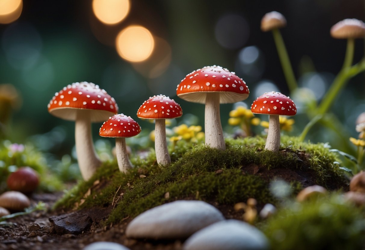 A group of tiny toadstools arranged as seats in a whimsical fairy garden, surrounded by colorful flowers and twinkling fairy lights