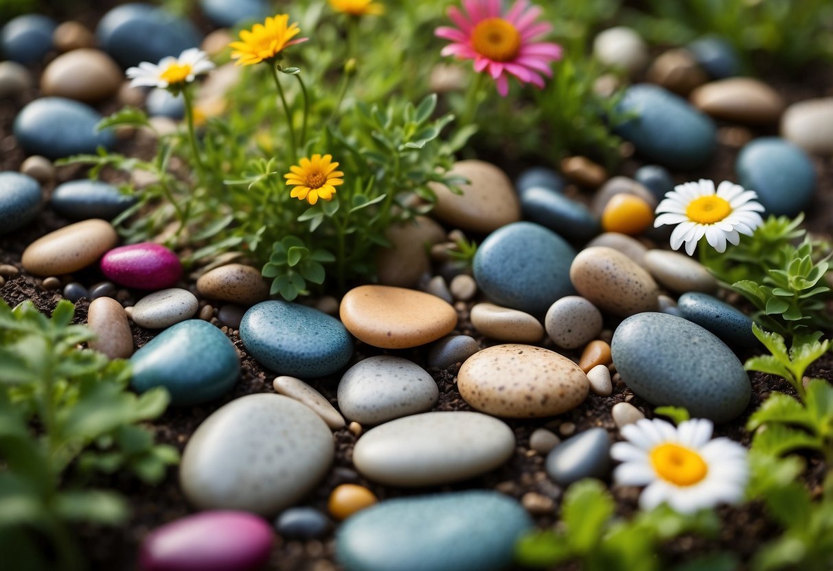 Colorful garden pebbles arranged in a whimsical pattern, surrounded by vibrant flowers and lush greenery