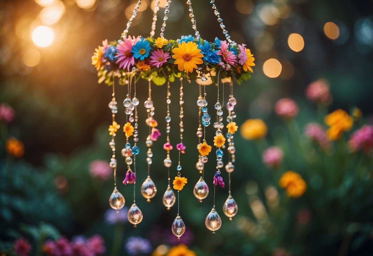 Enchanted wind chimes sway in a whimsical fairy garden, surrounded by colorful flowers and twinkling lights