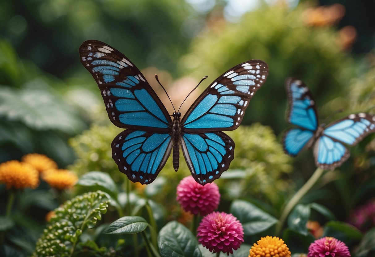 Colorful butterfly wing plant markers adorn a whimsical garden, surrounded by fairy-themed decor and lush greenery