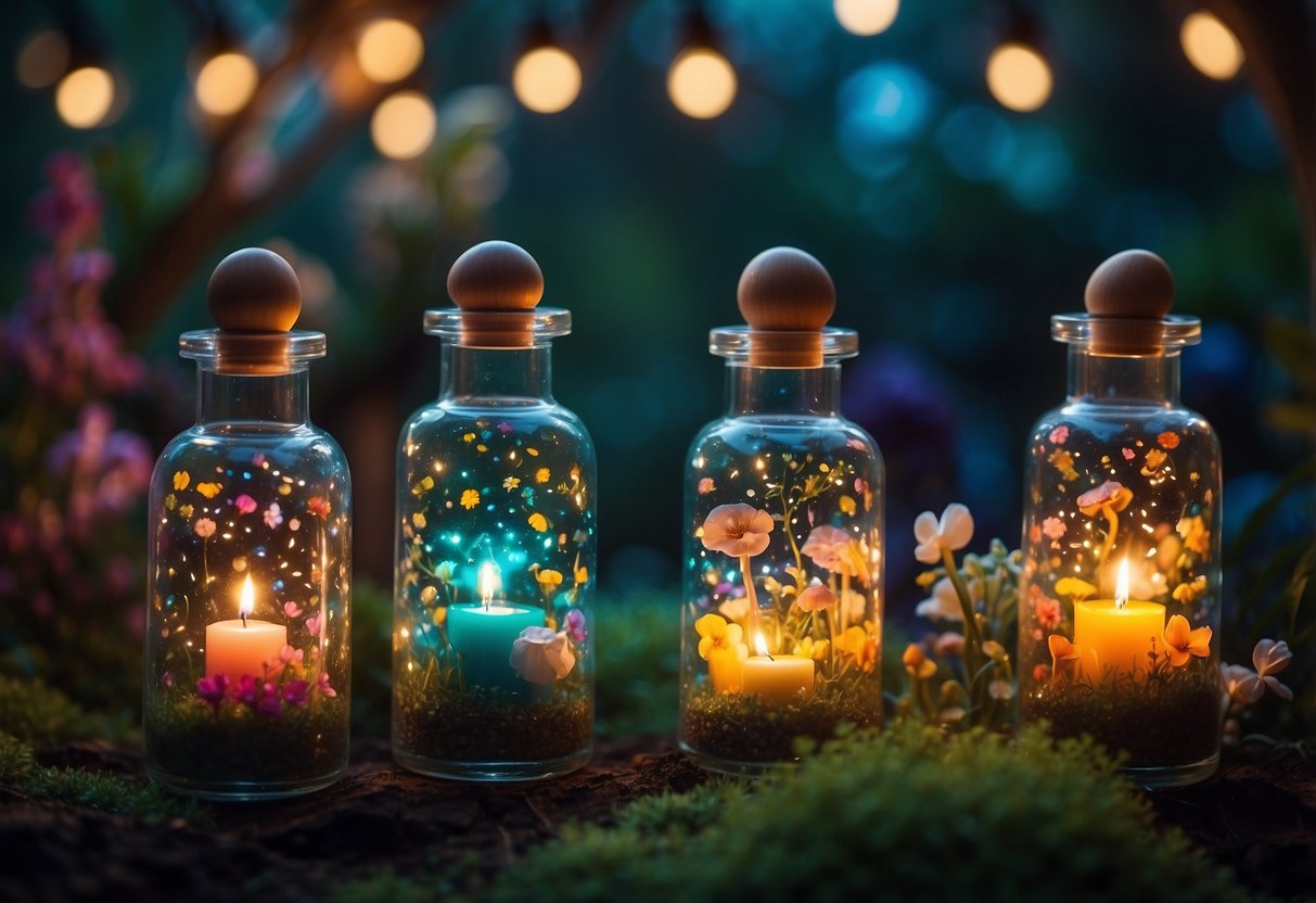 Colorful potion jars arranged in a whimsical garden setting, surrounded by flowers, mushrooms, and twinkling fairy lights