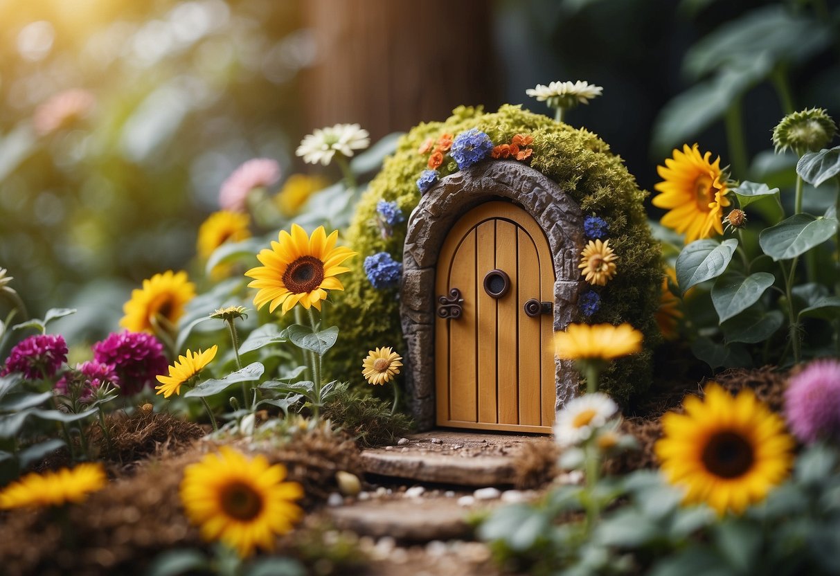 A sunflower fairy door stands among colorful flowers in a whimsical hippie fairy garden