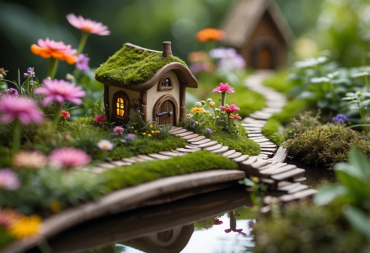 A colorful array of wildflowers and herbs surround a small, whimsical fairy house made of natural materials. A winding path leads to a tiny pond with lily pads and a miniature bridge