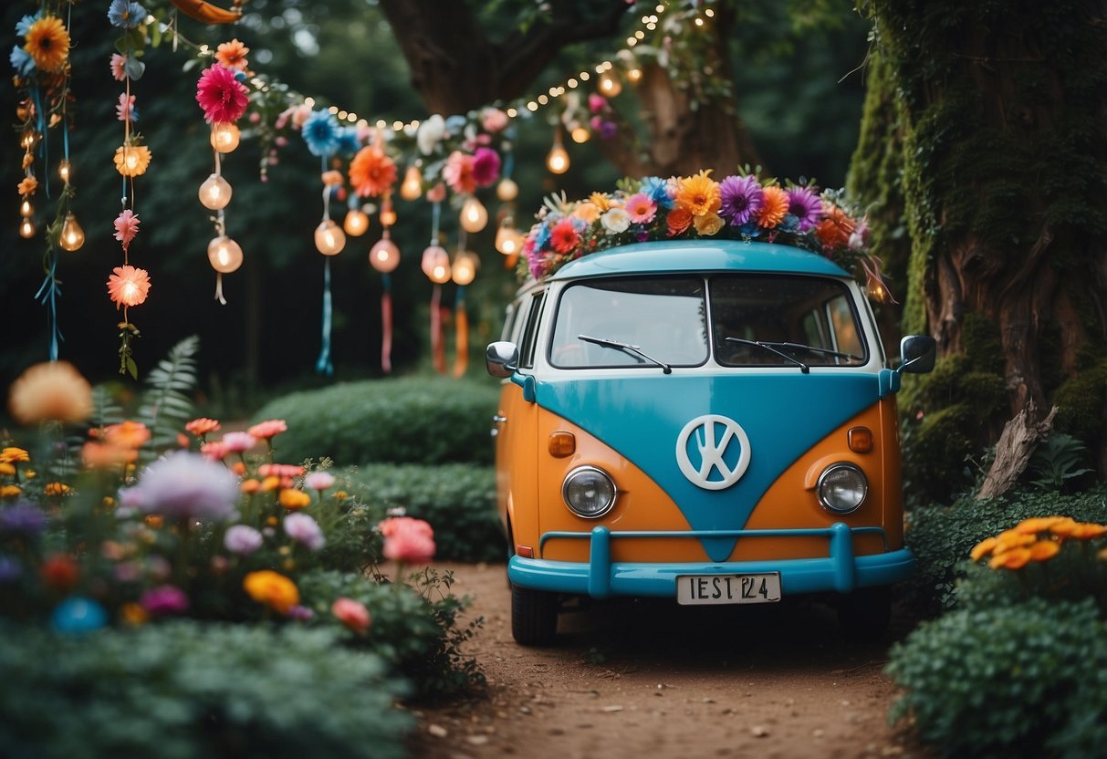 A colorful garden with tie-dye flowers, peace sign stepping stones, and a fairy-sized VW van. Fairy lights and dreamcatchers hang from tree branches