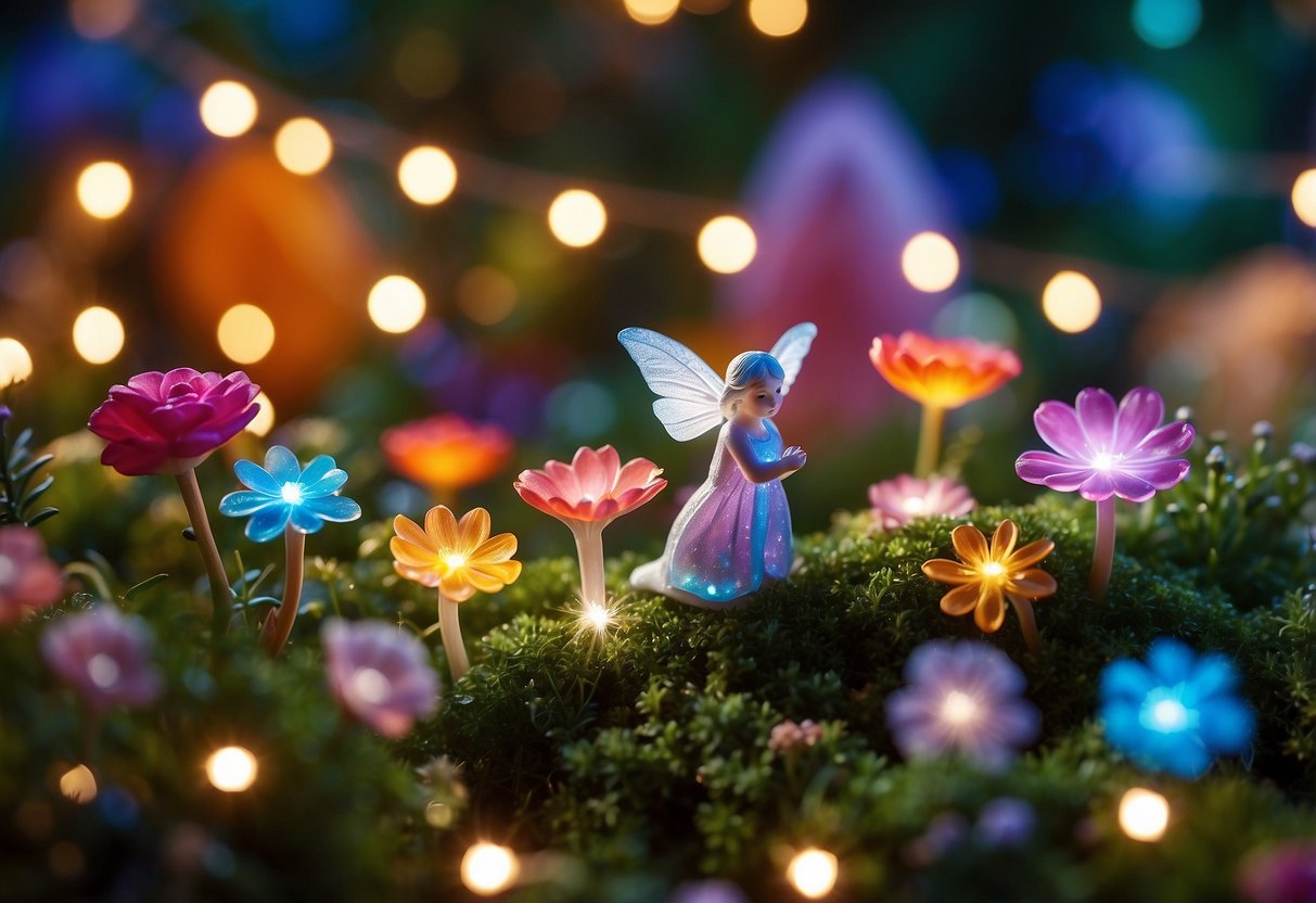 A colorful array of flowers, crystals, and fairy figurines arranged in a whimsical and free-spirited manner, surrounded by lush greenery and twinkling fairy lights