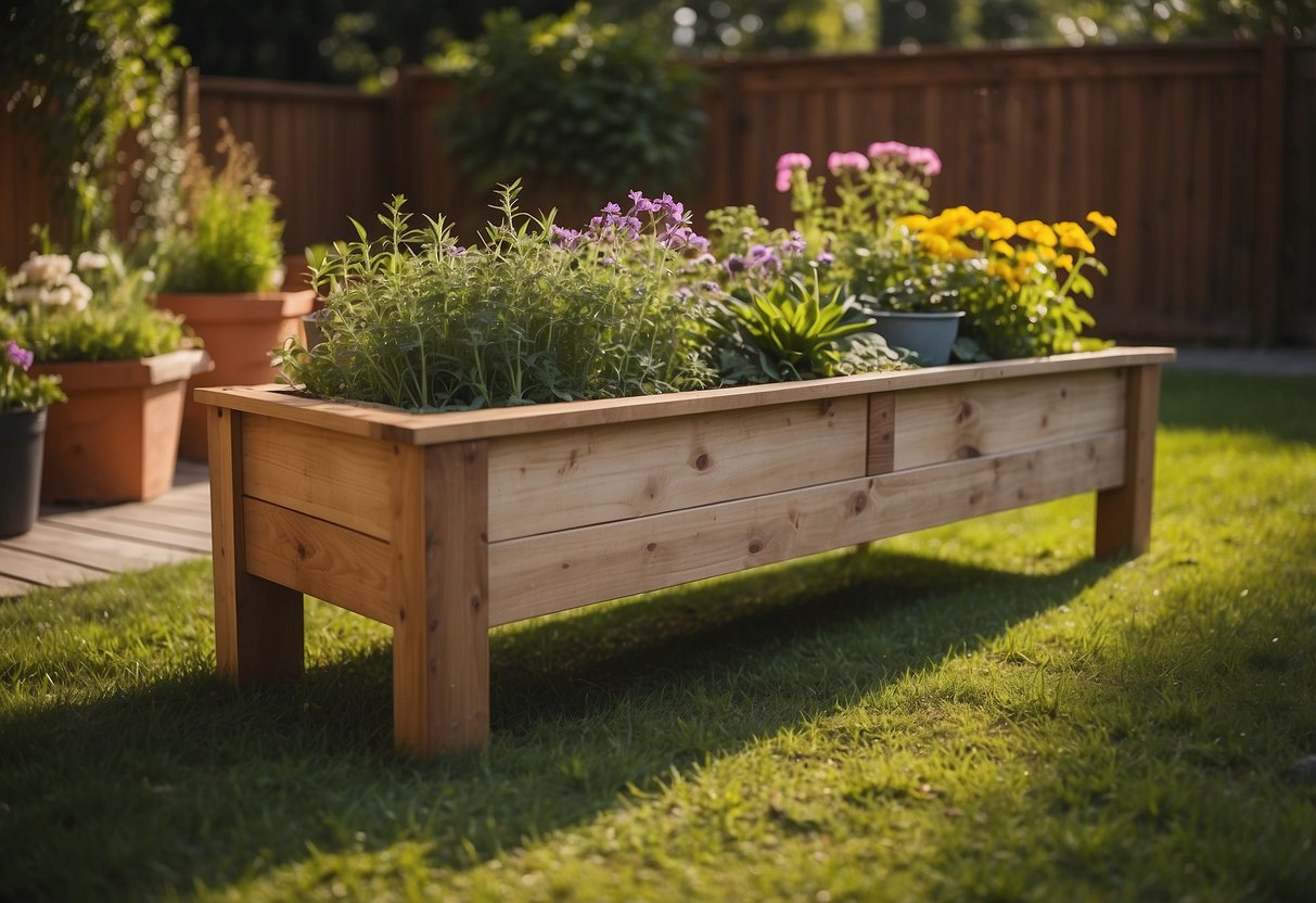 A wooden raised planter bed sits in a backyard, filled with vibrant flowers and herbs. A DIY project for a house flipper's garden