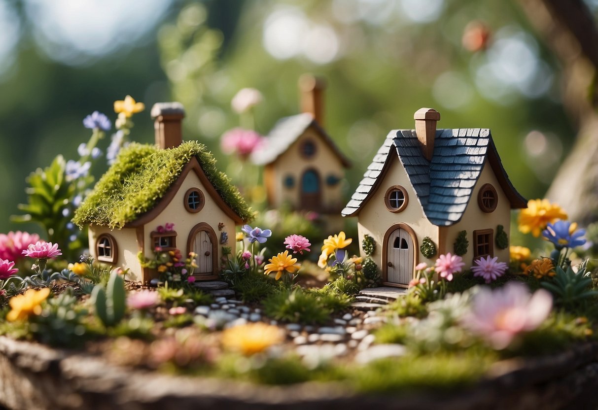 A charming fairy garden with tiny houses, whimsical accents, and colorful flowers