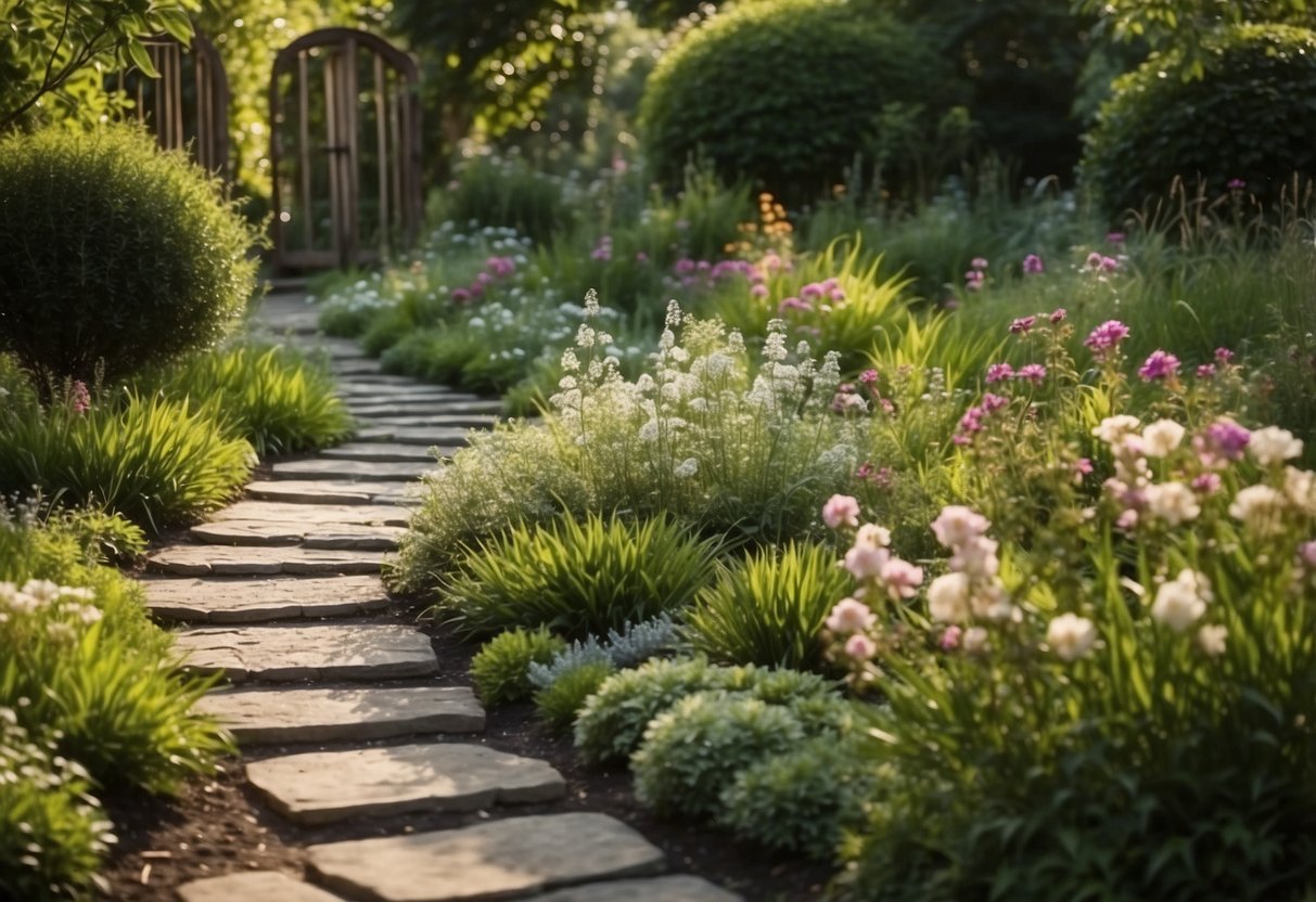 A winding stone pathway leads through a lush garden, with carefully placed plants and flowers bordering the edges. The pathway is surrounded by neatly trimmed grass and decorative features, creating a tranquil and inviting atmosphere