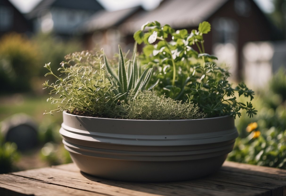 A spiral planter filled with herbs sits in a garden, surrounded by freshly flipped houses, inspiring a new beginning