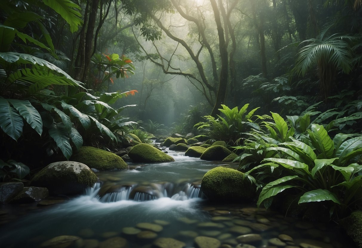 A dense rainforest with vibrant green foliage, misty air, and exotic flowers. A small stream flows through the lush vegetation, creating a serene and tranquil atmosphere