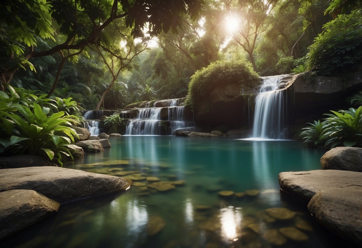 A serene oasis with lush greenery surrounds a tranquil waterfall cascading into a clear, reflective pool. The air is warm and humid, creating a peaceful and rejuvenating atmosphere