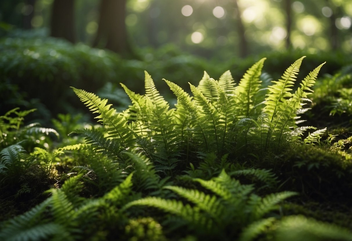 Lush green ferns and moss cover the ground, creating a humid paradise garden. Sunlight filters through the dense foliage, casting dappled shadows