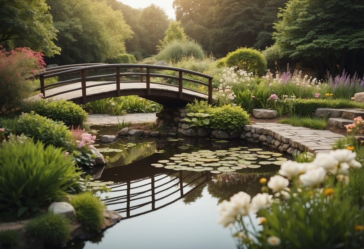 A serene vintage pond garden with lush greenery and delicate flowers, surrounded by stone pathways and a quaint wooden bridge