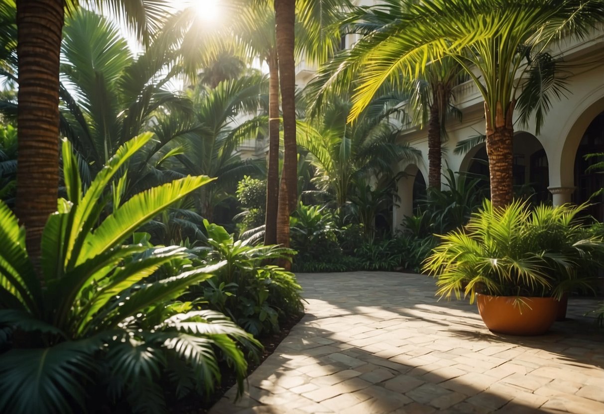 A lush palm courtyard with dappled sunlight and steamy air. Lush greenery and vibrant flowers create a serene, tropical atmosphere