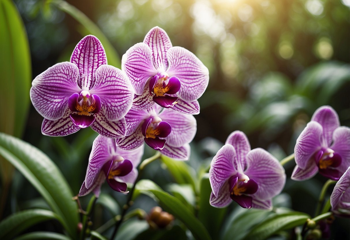 A lush garden filled with vibrant exotic orchids, surrounded by a humid spring atmosphere, with sunlight filtering through the foliage