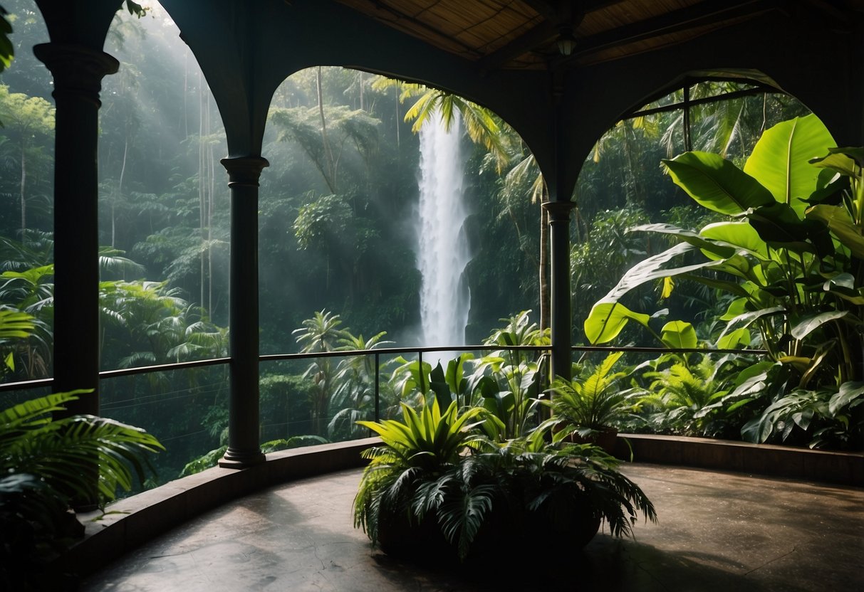 A lush, steamy jungle alcove with vibrant flora and cascading waterfalls. Humid air envelops the scene, creating a verdant paradise