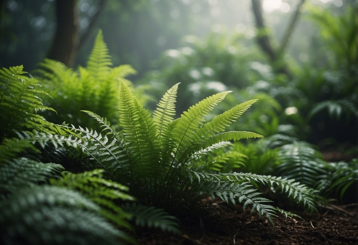 Lush green plants thrive in a misty garden, surrounded by moisture-loving ferns and flowers. The air is thick with humidity, creating a serene and tranquil atmosphere