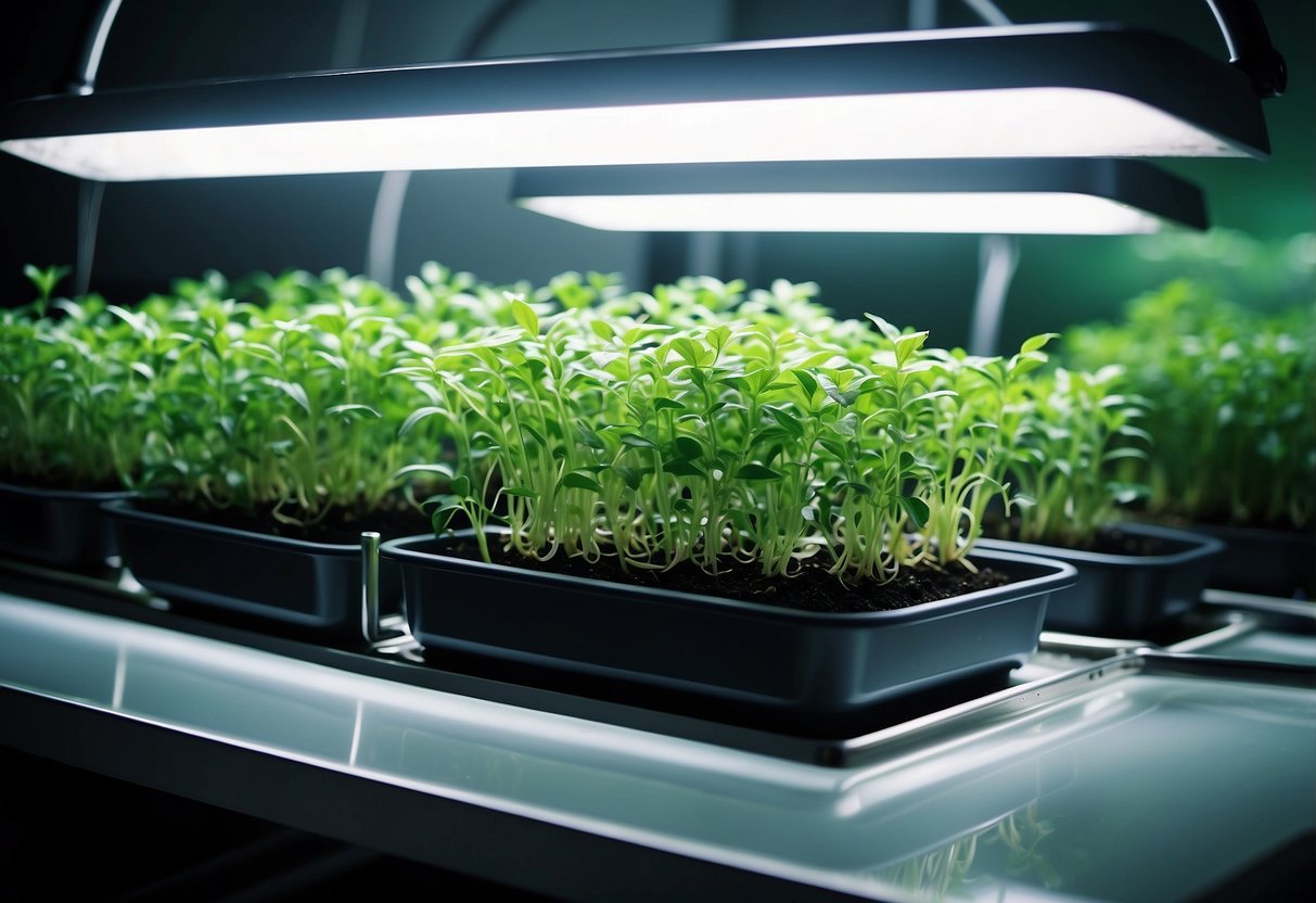 Lush green herbs grow in nutrient-rich water, surrounded by modern hydroponic gardening equipment and vibrant grow lights