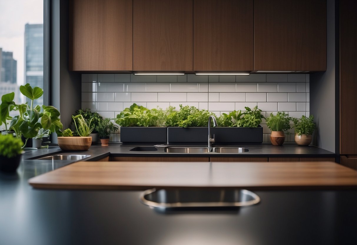 A modern kitchen with sleek countertops and cabinets, featuring a vertical hydroponic garden filled with lush herbs growing in Urban Leaf Herb Kits