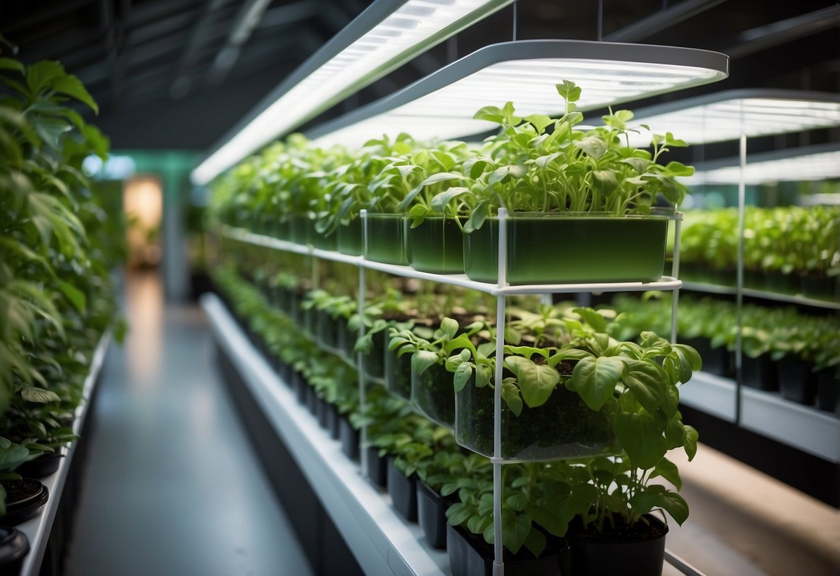 A vertical hydroponic garden with lush green plants, cascading down from multiple tiers, surrounded by a modern and sleek garden structure