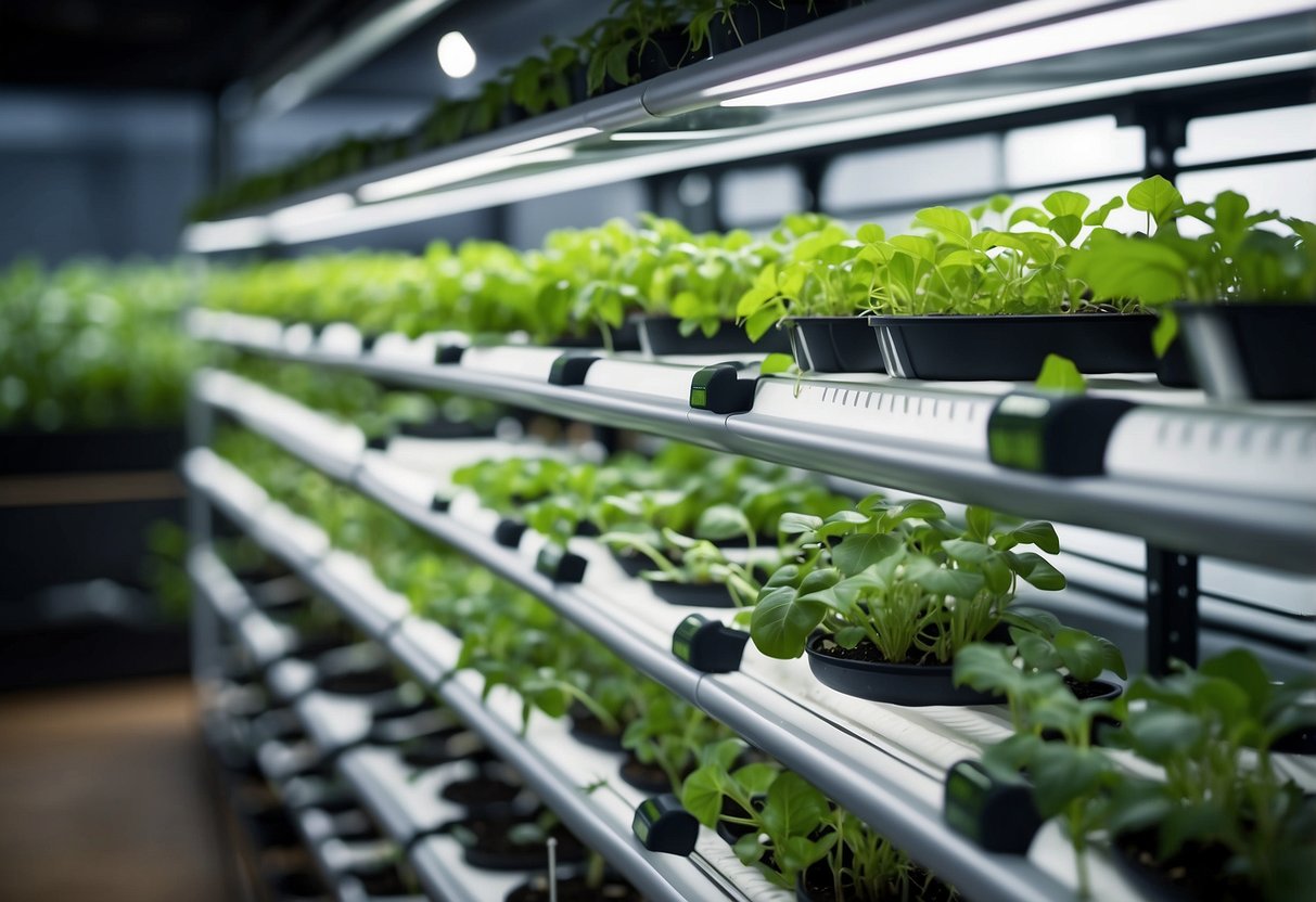 A vertical hydroponic garden with various plants in individual compartments, connected to a water supply and nutrient system, with clear labeling for easy maintenance