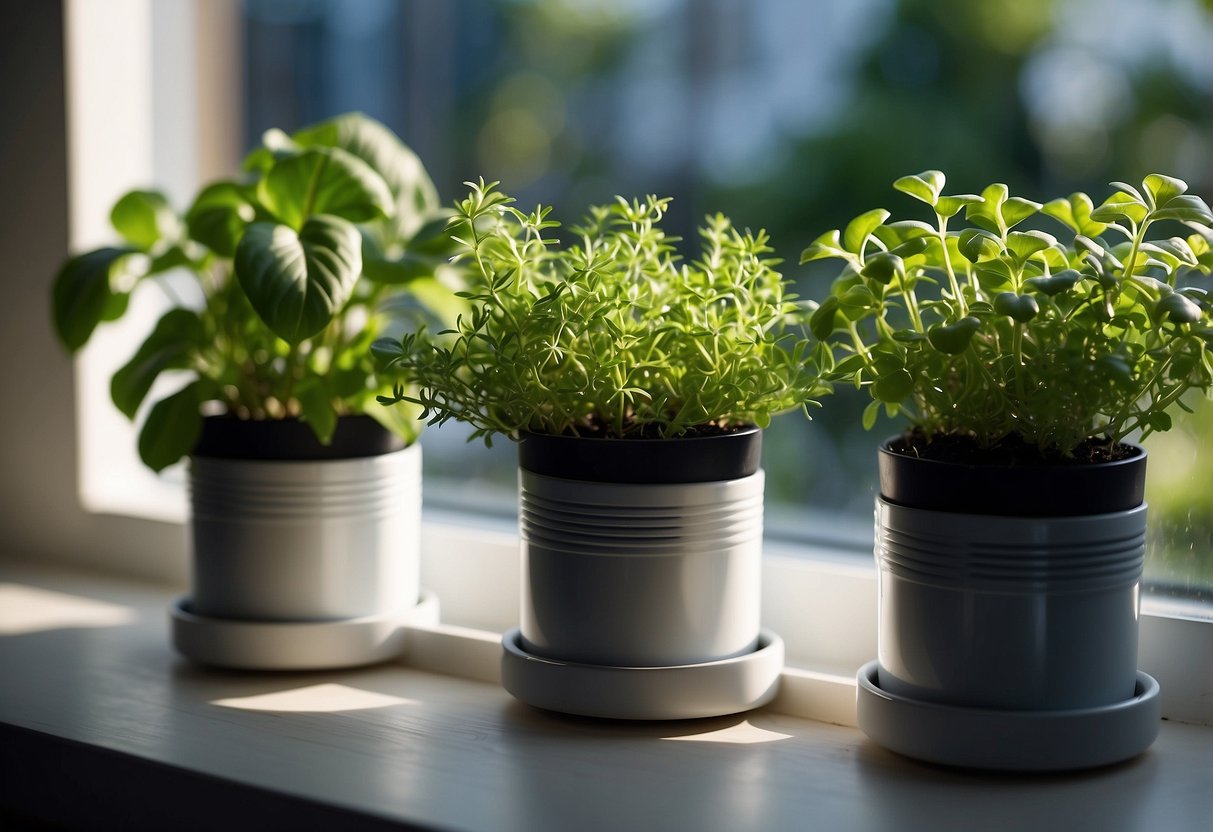 A small window garden kit sits on a sunny sill, filled with vibrant green herbs growing in hydroponic containers. The light streams in, illuminating the lush foliage