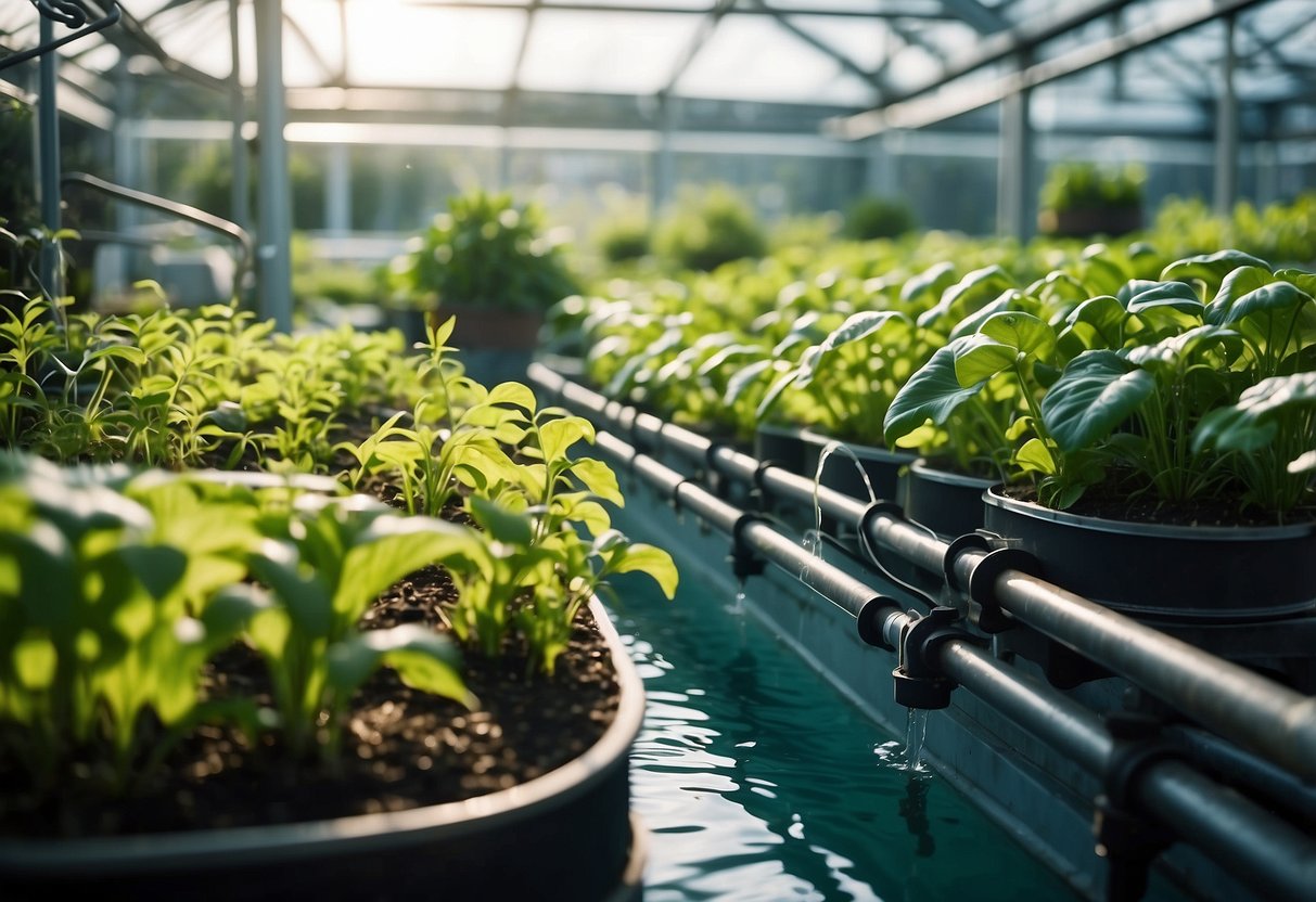 A vibrant aquaponic combo garden with lush green plants growing in hydroponic systems, fish swimming in the water tanks, and a network of pipes and pumps