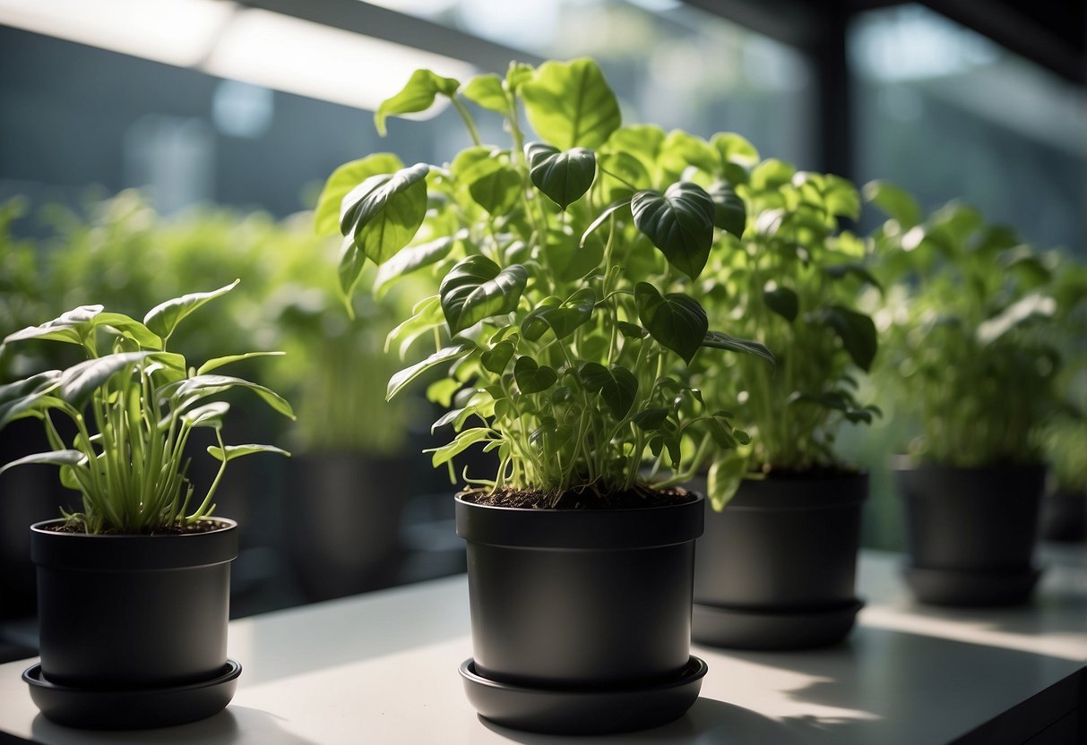 Lush green plants thrive in an aeroponic garden kit, suspended in nutrient-rich mist, against a backdrop of clean, modern design