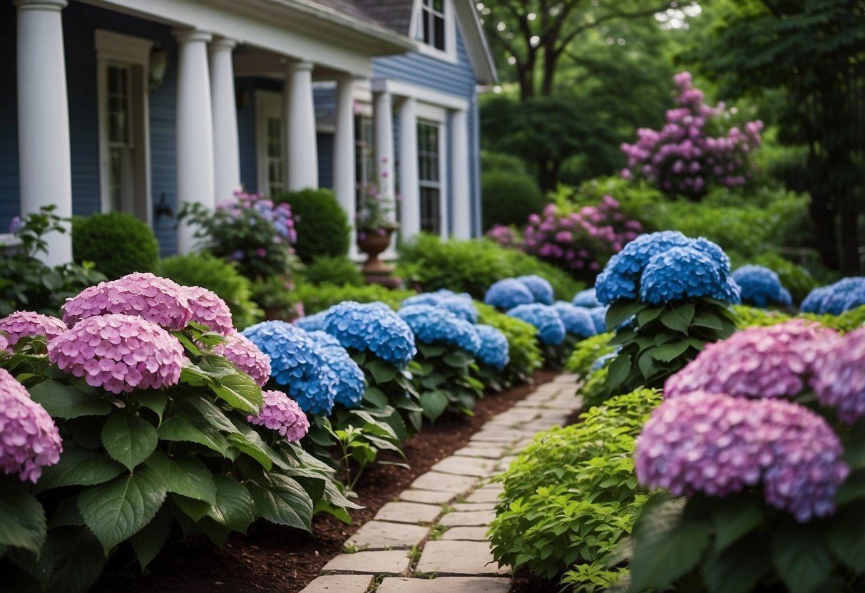 A front yard filled with lacecap hydrangeas, varying in shades of blue, pink, and purple. The garden is meticulously arranged, with lush green foliage providing a beautiful backdrop for the vibrant blooms