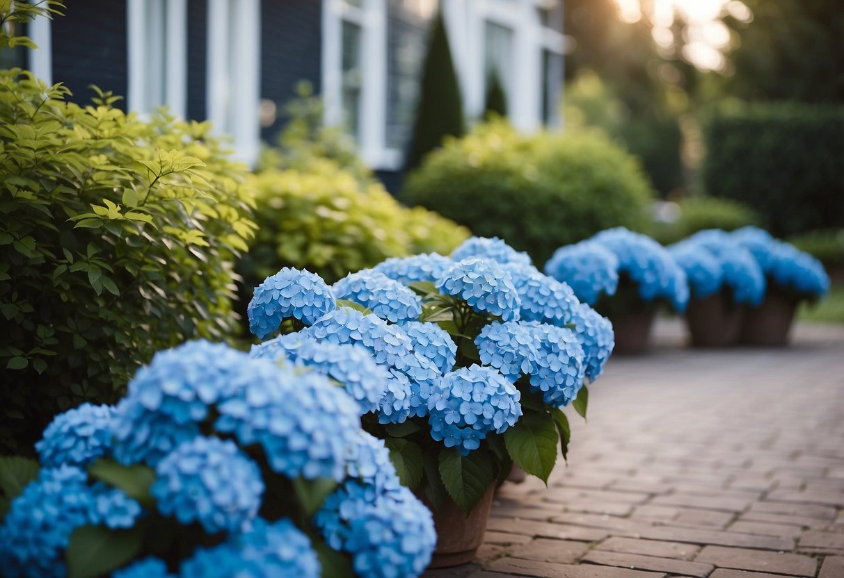 A front yard filled with vibrant blue hydrangeas, creating a stunning and picturesque garden display