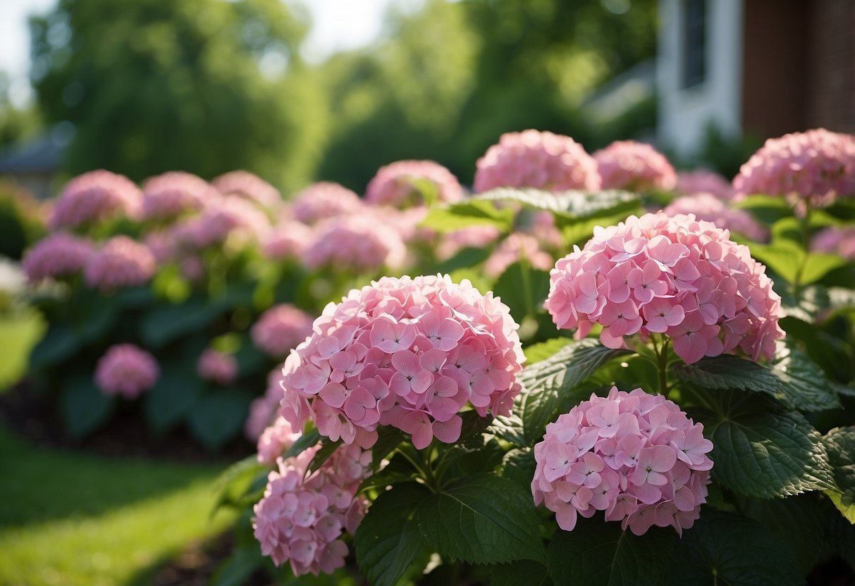 Pink hydrangeas bloom in a front yard garden, surrounded by lush greenery. The vibrant flowers create a beautiful and inviting scene for any passerby