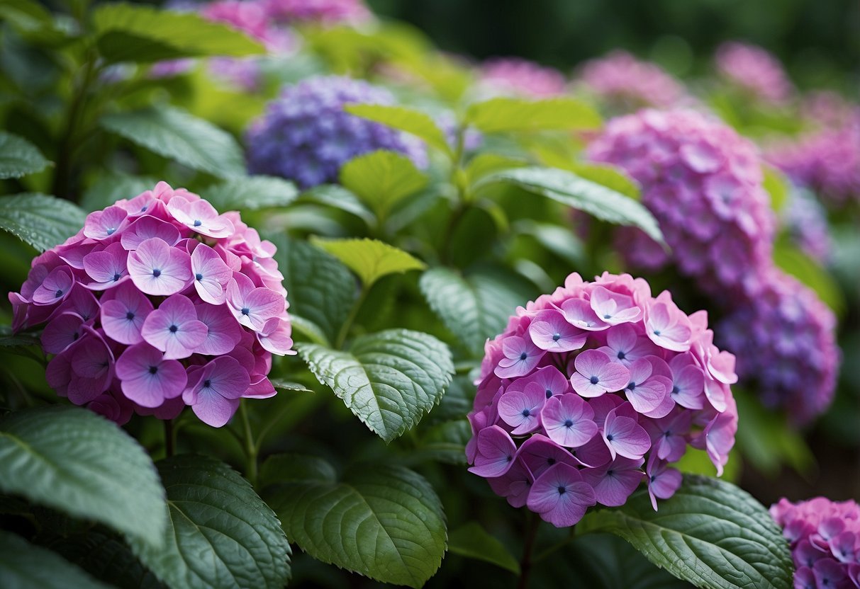 A lush front yard garden filled with vibrant hydrangea macrophylla bushes in full bloom, creating a stunning display of color and texture