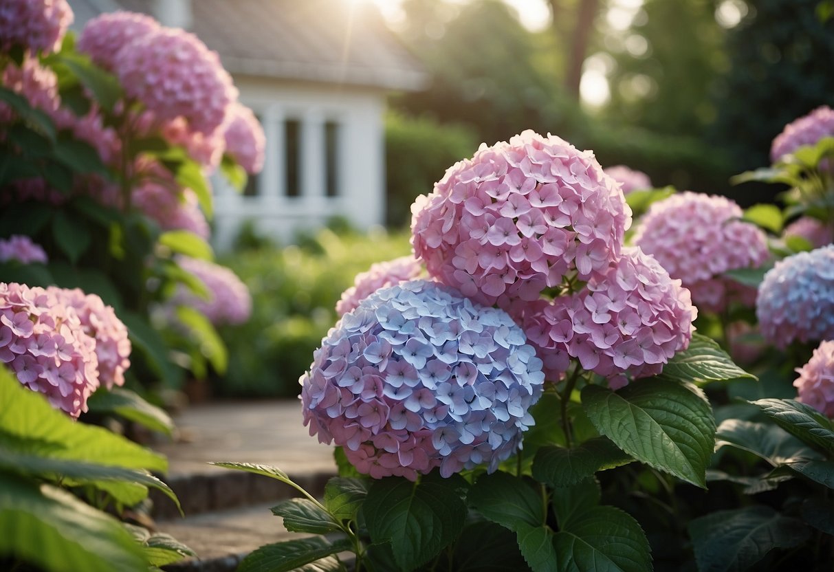 A lush front yard garden filled with vibrant PeeGee Hydrangeas in full bloom, creating a stunning and colorful display of natural beauty