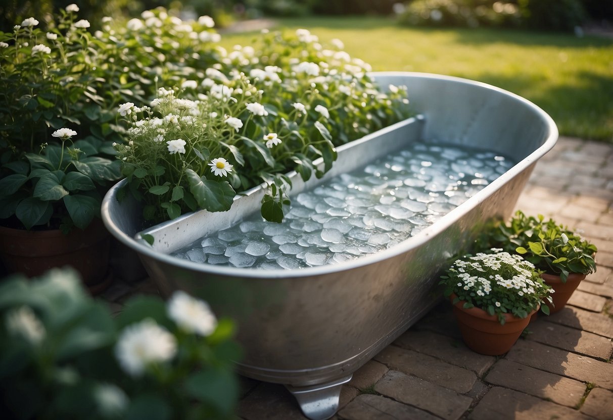 A galvanized trough tub filled with ice, surrounded by lush green plants and flowers, creating a serene and refreshing garden ice bath