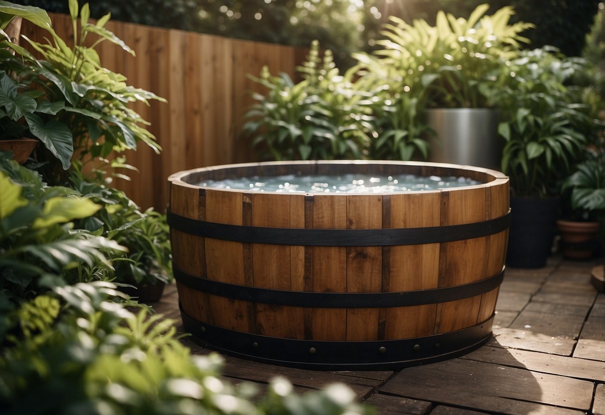 A wooden barrel tub sits in a lush garden, filled with ice and surrounded by plants, creating a tranquil and refreshing ice bath oasis