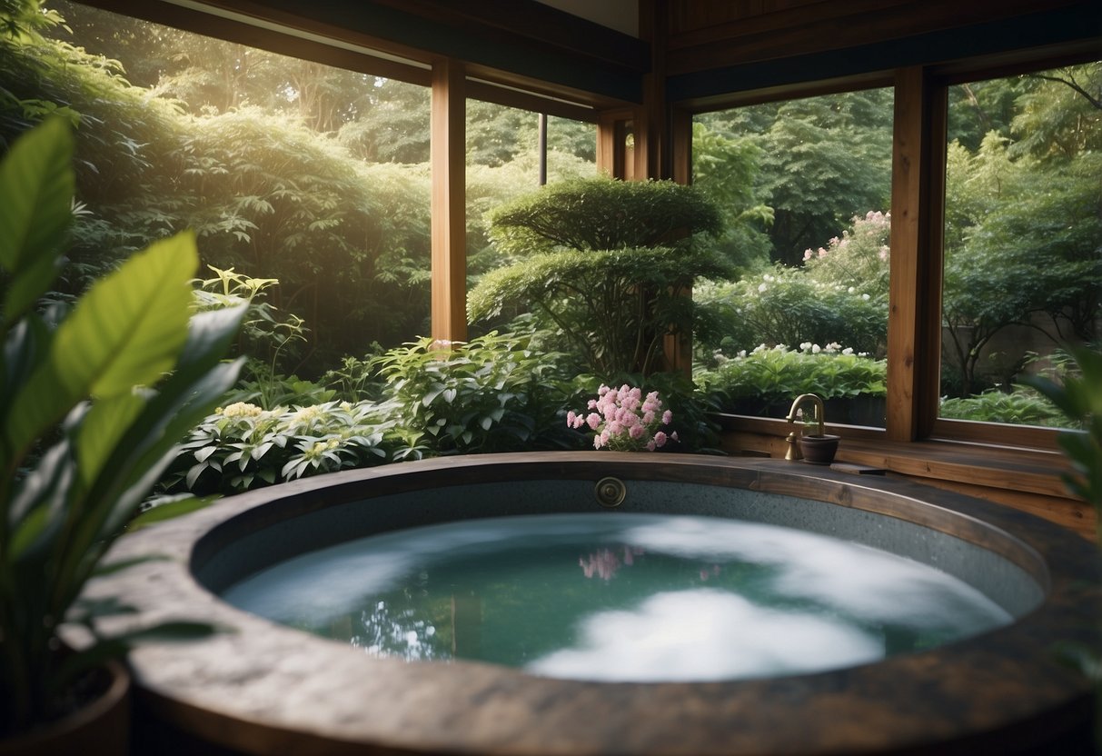 A serene garden with a traditional Japanese soaking tub filled with ice, surrounded by lush greenery and delicate flowers