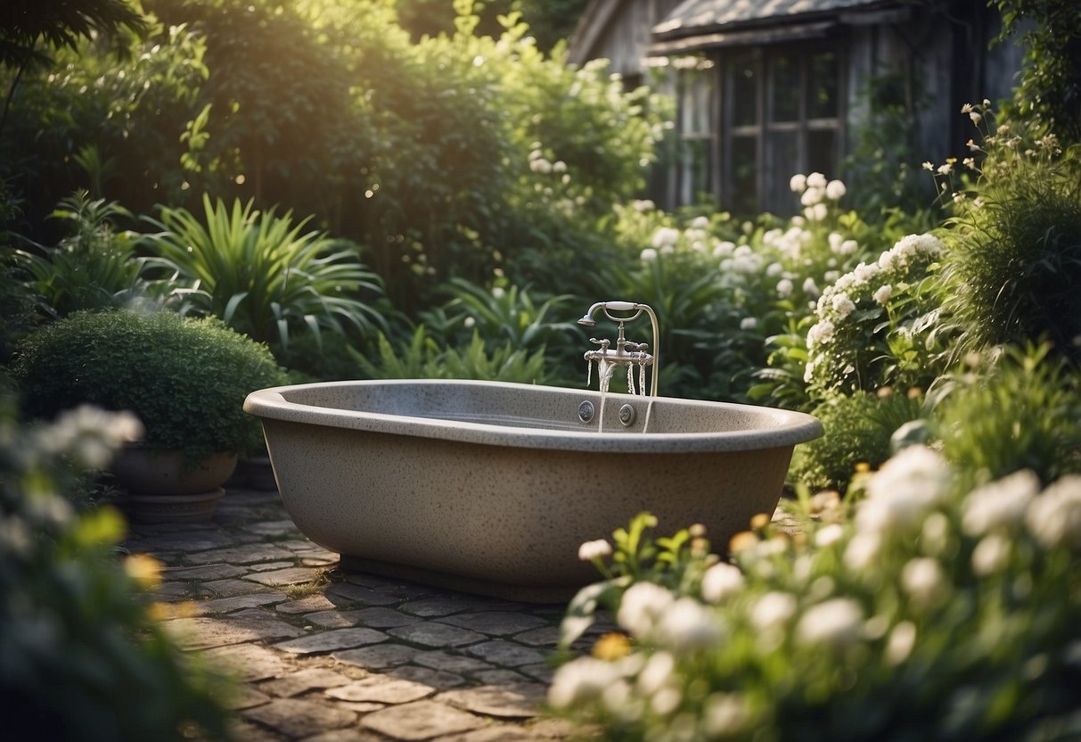 A stone bathtub sits in a lush garden, filled with ice for a refreshing outdoor bath. Surrounding plants and flowers add to the tranquil setting