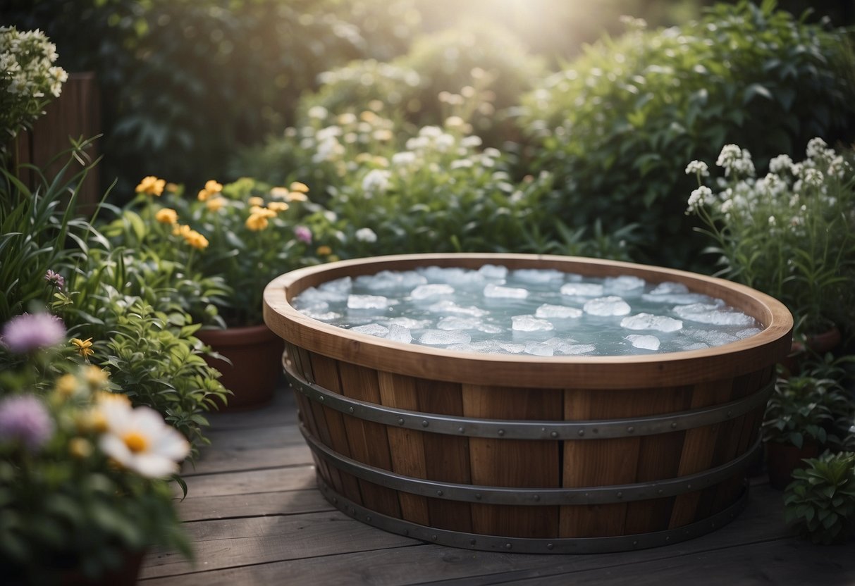 A wooden tub filled with ice sits in a lush garden, surrounded by plants and flowers. Steam rises from the cold water, creating a serene and refreshing atmosphere