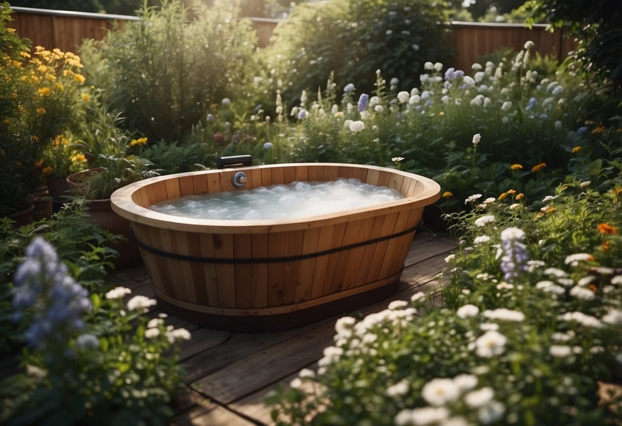 A cedar tub filled with ice sits in a lush garden, surrounded by herbs and flowers. Steam rises as the ice bath awaits someone seeking relaxation and rejuvenation