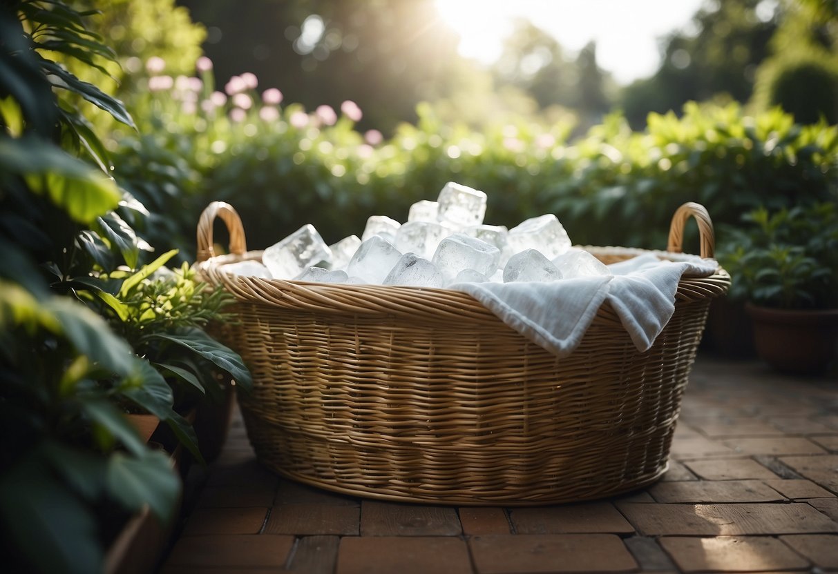 A wicker tub filled with ice and a liner, set in a lush garden