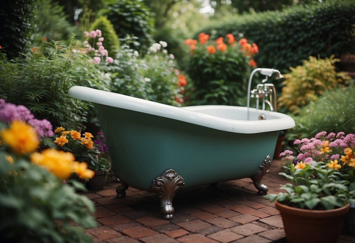 A vintage clawfoot tub sits in a lush garden, filled with ice and surrounded by colorful flowers and greenery