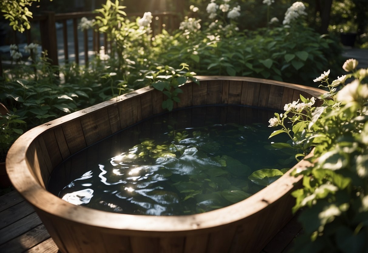 A serene garden setting with a rustic wooden tub filled with ice, surrounded by lush greenery and blooming flowers. Sunlight filters through the leaves, casting dappled shadows on the water's surface